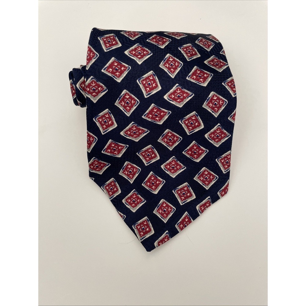 B.D. Baggies Mens Silk Necktie Navy Blue Red Geometric‎ Diamond Pattern USA Made